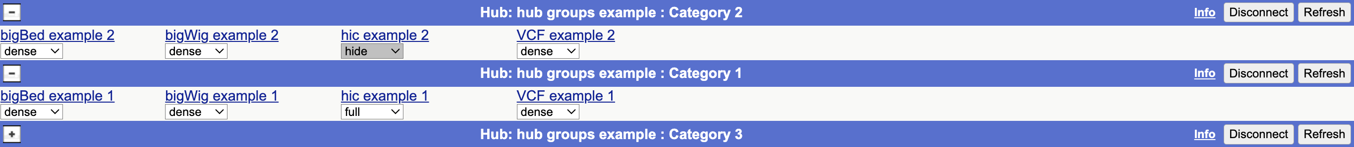 Screenshot showing track hub group organization and category display